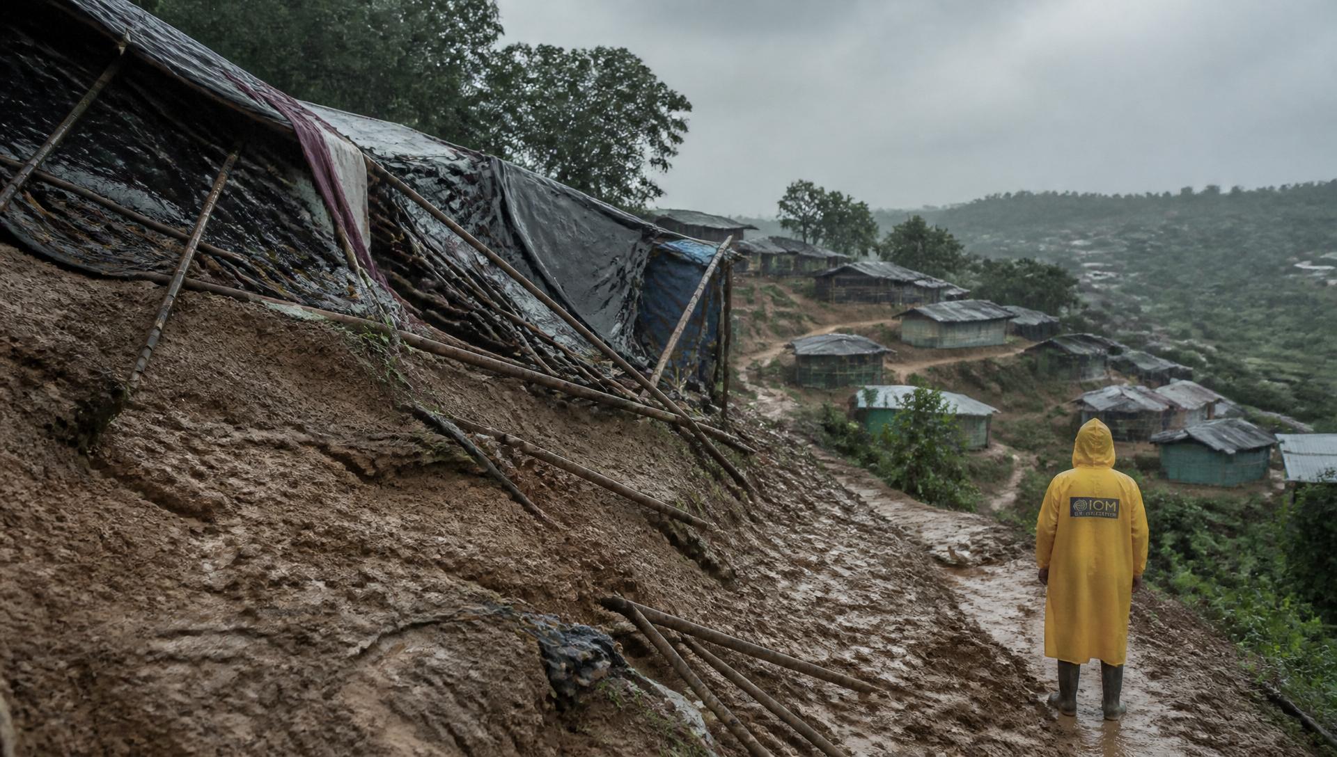 Aftermath of a landslide at a Rohingya refugee camp during the 2026 monsoon